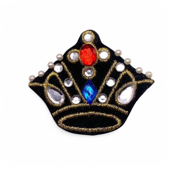 Crown-Shaped Brooch Pin Colorful Gemstones & Faux Pearls On Black Velvet Base - Picture 3 of 4